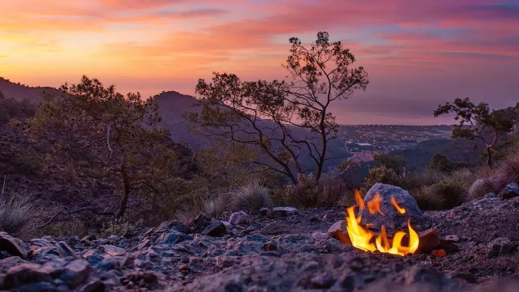 Campsite on mountain at dusk